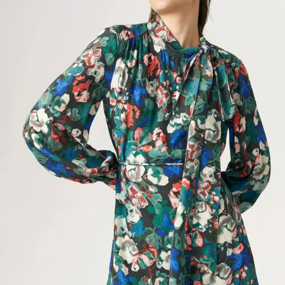 Flower Patterned Dress With Belt - Picture 1 of 4